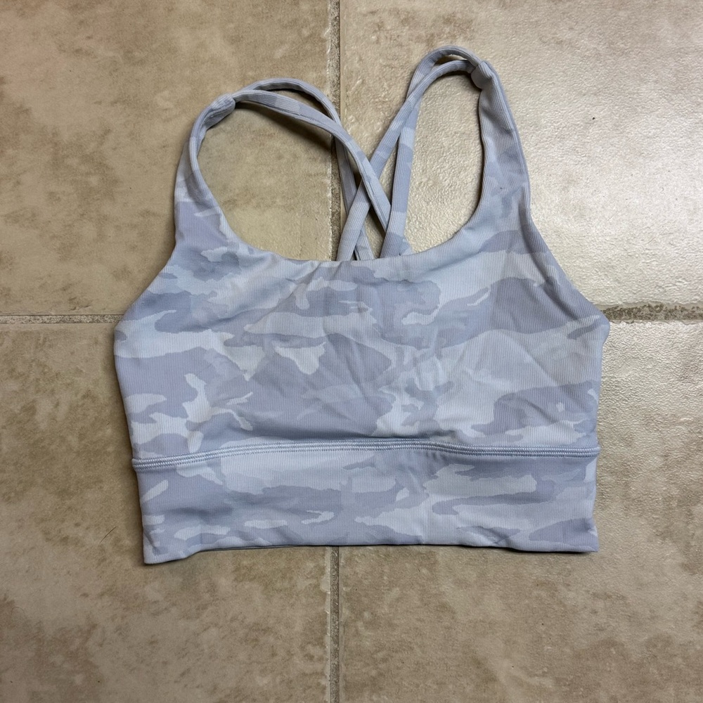 Lululemon Energy Bra Light Blue Grey Camo Cross Back Size 4